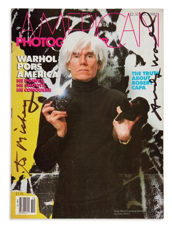 WARHOL, ANDY. Three complete magazines, each Signed or Signed and Inscribed: Two issues of Interview * American Photographer.